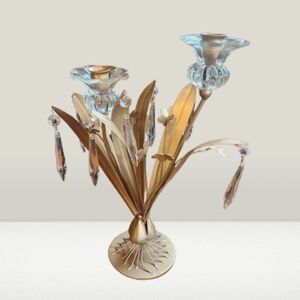 Vintage Leaf Crystal Prisms Candle Stick Holder MCM Style Gold Metal Glass Boho